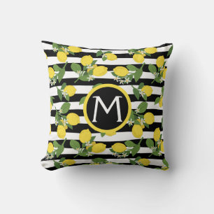 Lemon Lemons Citrus Monogram Zwarte Stripes Kussen