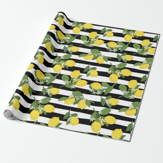 Lemon Lemons Geel zwart Stripes Cadeaupapier (Uitgerold)