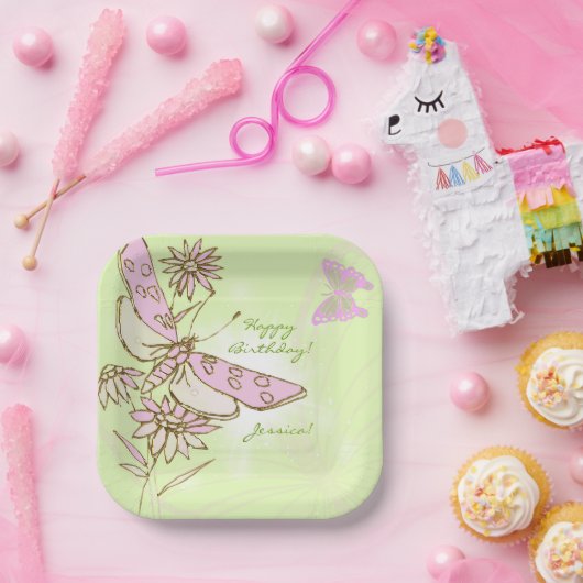 Lemon Lime Pink Butterfly Papieren Bordje (Feest)