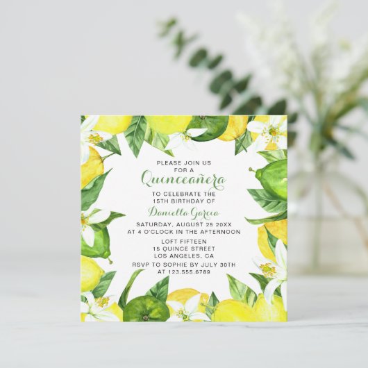 Lemon Limoen Citrus Blossom Waterverf Quinceañera Kaart (Staand voorkant)