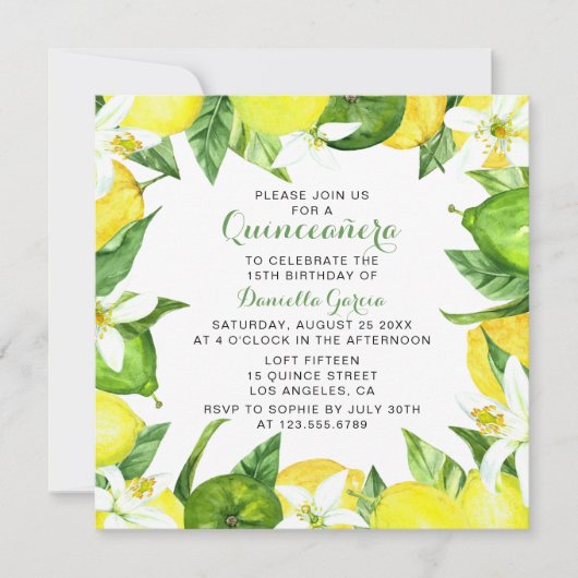 Lemon Limoen Citrus Blossom Waterverf Quinceañera Kaart (Voorkant)