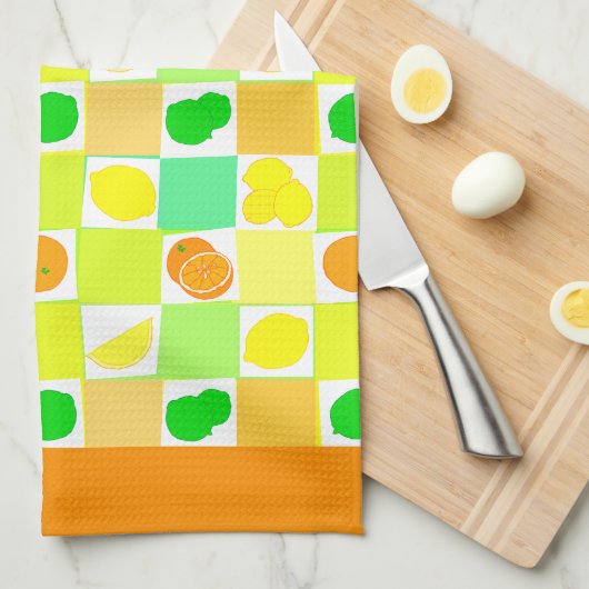 Lemon Limoen en Sinaasappels Patroon Oranje Rand Theedoek (Quarter Fold)