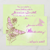 Lemon Limoen Roze Butterfly Birthday Invitation Ka Kaart (Voorkant / Achterkant)