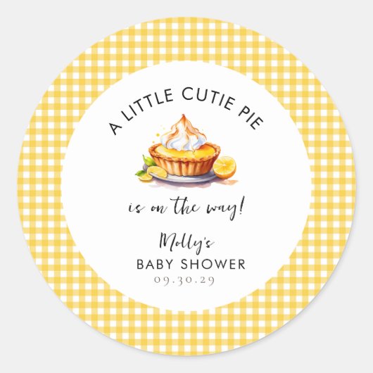 Lemon Little Cutie Pie Gingham Baby shower Ronde Sticker (Voorkant)