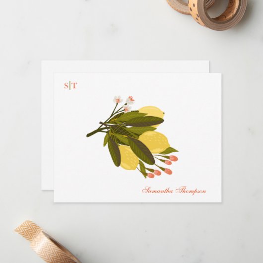 Lemon Love Monogram Name Hand Painted Blossom Notitiekaartje (Voorkant / Achterkant in situ)