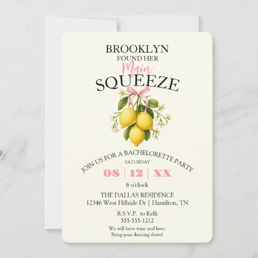 Lemon Main Squeeze Bachelorette Party Uitnodiging (Voorkant)
