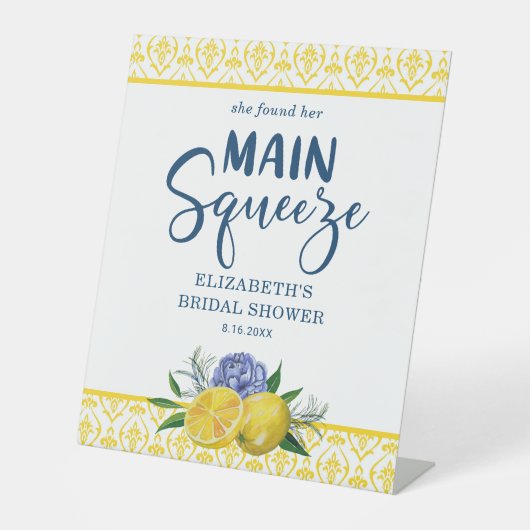 Lemon Main Squeeze Vrijgezellenfeest Welcome Sign Reclamebord Met Voetstuk (Voorkant)