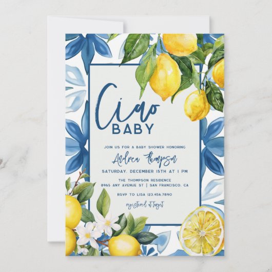 Lemon Mediterraan Blauwe Tegel Baby shower Kaart (Voorkant)