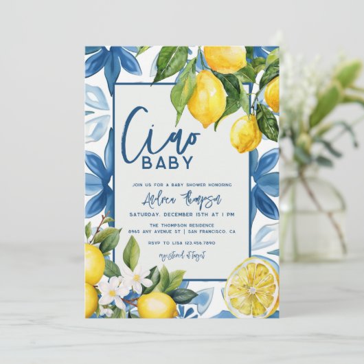 Lemon Mediterraan Blauwe Tegel Baby shower Kaart (Staand voorkant)