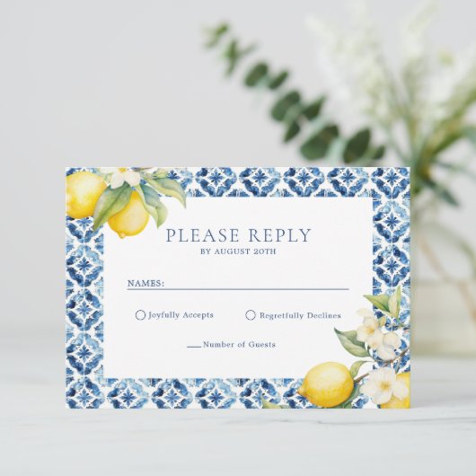 Lemon Mediterraan Zomer Huwelijk RSVP Briefkaart (Staand voorkant)