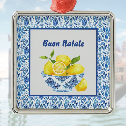 Lemon Mediterranean Buon Natale Azulejo Blue Toile Metalen Ornament