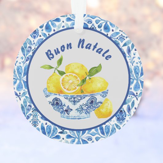 Lemon Mediterranean Buon Natale Azulejo Blue Toile Ornament