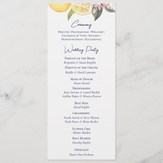Lemon Mediterranean Ceremony Wedding Programmakaart (Achterkant)
