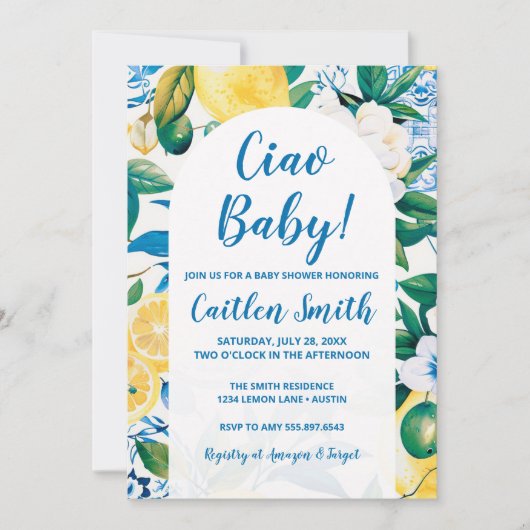 Lemon Mediterranean Ciao Baby shower Uitnodiging (Voorkant)