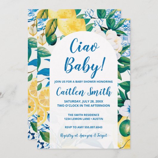 Lemon Mediterranean Ciao Baby shower Uitnodiging (Voorkant / Achterkant)