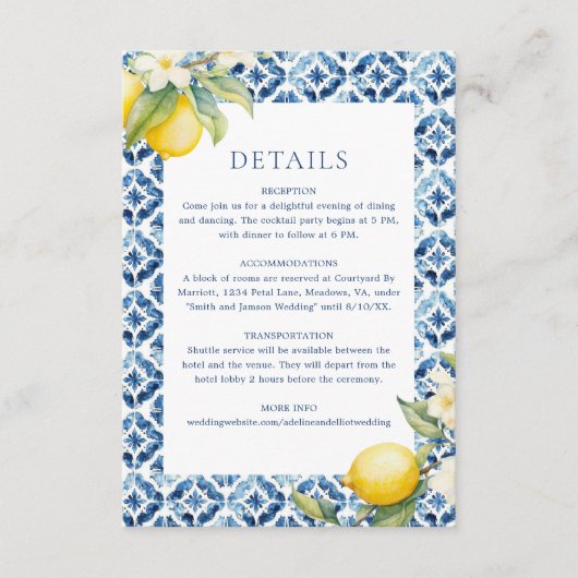 Lemon Mediterranean Wedding Details Enclosure Kaar Informatiekaartje (Voorkant)