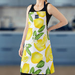 Lemon Monogram Botanisch Geel Groen Schort<br><div class="desc">Dit monogrampron heeft een botanisch citroenpatroon met een marineslag en een vierkant voor initiaal bovenaan.</div>