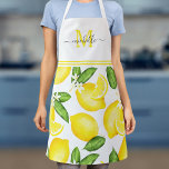 Lemon Monogram Botanisch Wit Schort<br><div class="desc">Dit monogrampron kenmerkt een citroenpatroon van de waterverf met stevig geel bij de bovenkant waar uw initiaal en naam kan worden toegevoegd.</div>