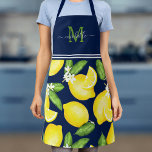 Lemon Monogram Botanische marineblauw Schort<br><div class="desc">Dit monogram schort kenmerkt een waterverf citroenpatroon met vast lichaam.</div>