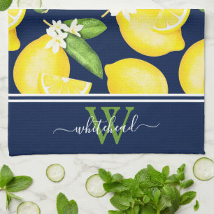 Lemon Monogram Botanische marineblauw Theedoek