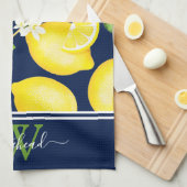 Lemon Monogram Botanische marineblauw Theedoek (Quarter Fold)