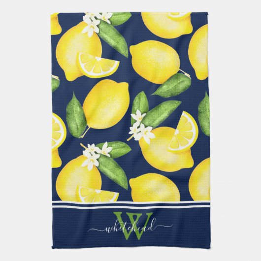 Lemon Monogram Botanische marineblauw Theedoek (Verticaal)