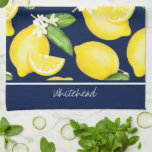 Lemon Monogram Botanische Patroon Navy Blue Theedoek<br><div class="desc">Dit monogram ontwerp kenmerkt een citroenpatroon van de waterverf met jouw naam bij de bovenkant.</div>