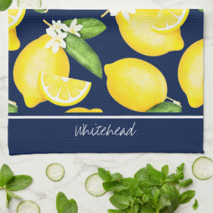 Lemon Monogram Botanische Patroon Navy Blue Theedoek