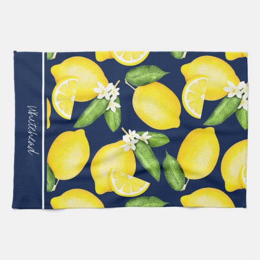 Lemon Monogram Botanische Patroon Navy Blue Theedoek (Horizontaal)