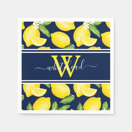 Lemon Monogram Citrus Pattern Blue Servet (Voorkant)