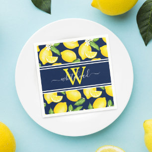 Lemon Monogram Citrus Pattern Blue Servet
