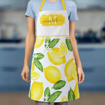 Lemon Monogram Initiaal Botanisch Geel Schort<br><div class="desc">Dit monogrampron kenmerkt een waterverf citroenpatroon met geel lijst bij de bovenkant waar uw initiaal en naam kunnen worden toegevoegd.</div>