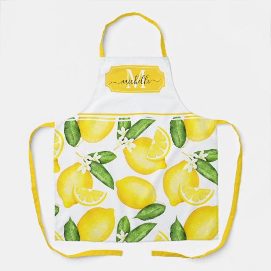 Lemon Monogram Initiaal Botanisch Geel Schort (Voorkant)