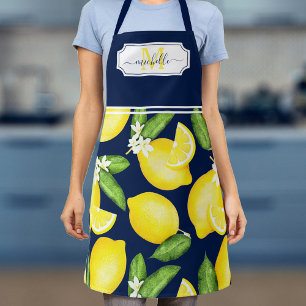 Lemon Monogram Initiaal Citrus Navy Blue Schort