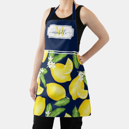 Lemon Monogram Initiaal Citrus Navy Blue Schort (Insitu)