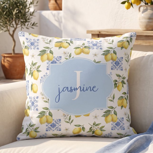 Lemon Monogram Naam Franse Landelijke Tegels Patro Kussen (Creator heeft geüpload)
