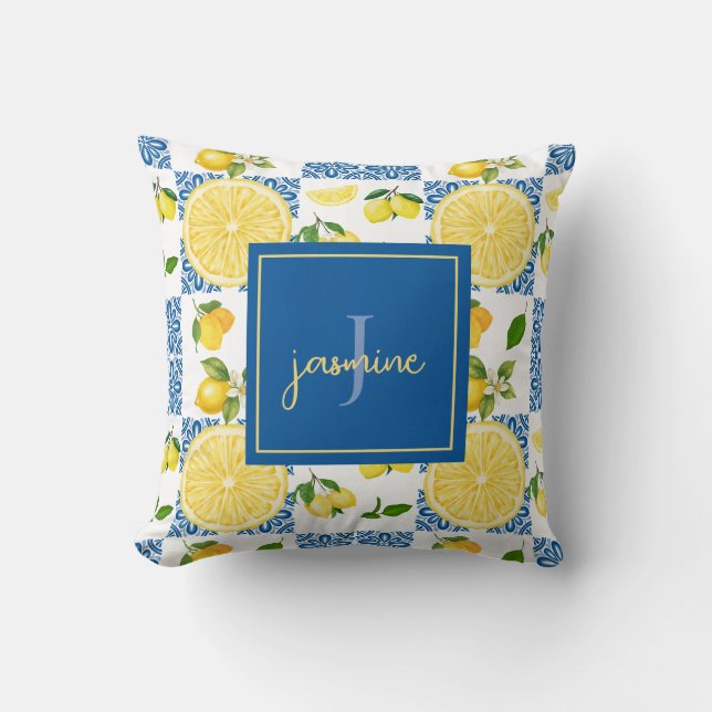 Lemon Monogram Naam Franse Landelijke Tegels Patro Kussen (Voorkant)