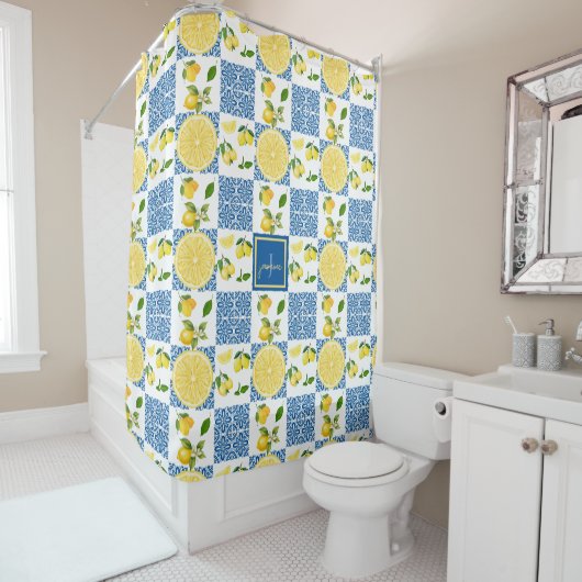 Lemon Monogram Name French Country Tile Pattern Douchegordijn (In situ)