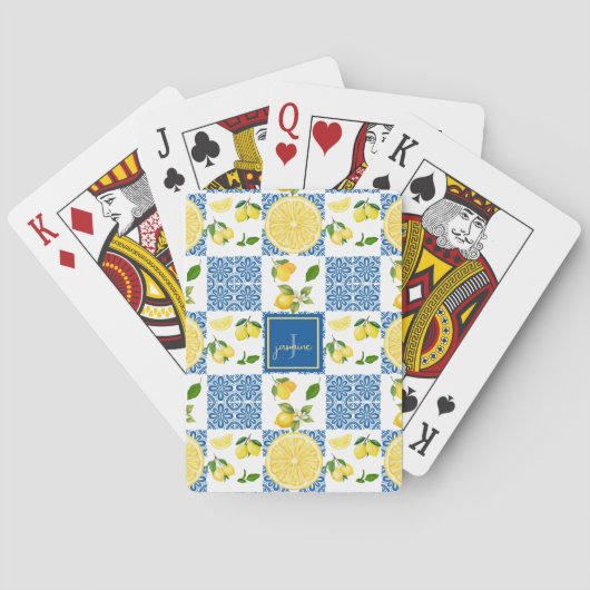 Lemon Monogram Name French Country Tile Pattern Pokerkaarten (Achterkant)