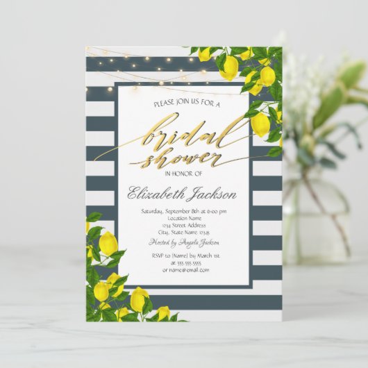 Lemon Navy Blue Striped Vrijgezellenfeest Kaart (Staand voorkant)