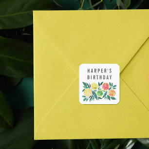 Lemon & Oranje aangepaste naam geboortedag Vierkante Sticker