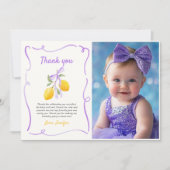 Lemon Paarse Bow Eerste Verjaardag Party Foto Bedankkaart (Voorkant)