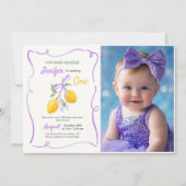 Lemon Paarse Bow Eerste Verjaardag Party Foto Kaart (Voorkant)