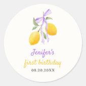 Lemon Paarse Bow Eerste Verjaardagsfeest Ronde Sticker (Voorkant)