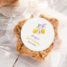 Lemon Paarse Bow Eerste Verjaardagsfeest Ronde Sticker