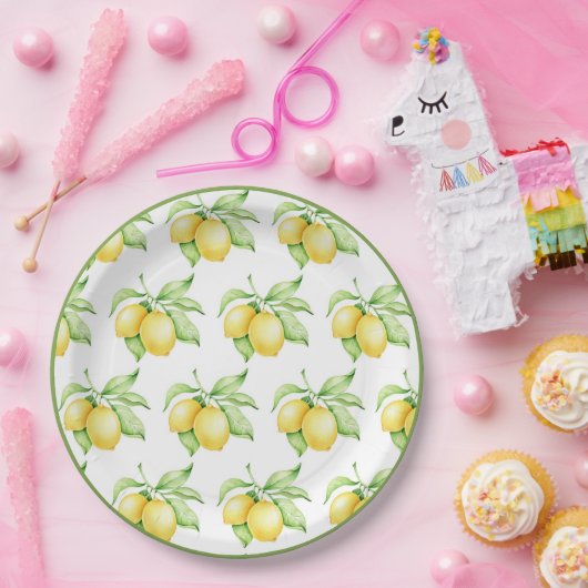 Lemon Pattern Waterverf Simple Green Trim Papieren Bordje (Feest)