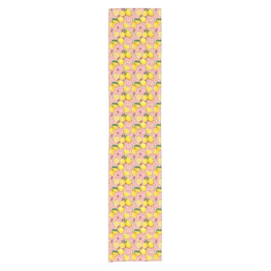 Lemon Pattern White Blossom op roze limonade Korte Tafelloper (Voorkant)