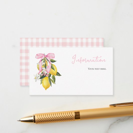 Lemon Pink Bow coquette baby shower informatie Informatiekaartje (Voorkant / Achterkant in situ)