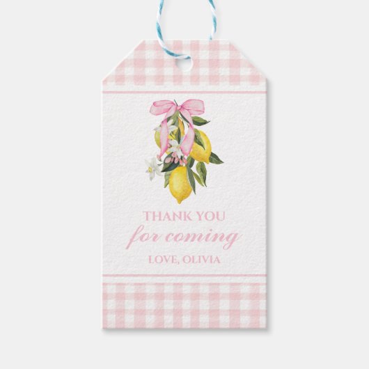 Lemon Pink Bow Gingham Coquette Preppy verjaardag Cadeaulabel (Voorkant)