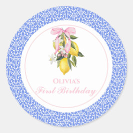 Lemon Pink Bow preppy 1e verjaardag Ronde Sticker